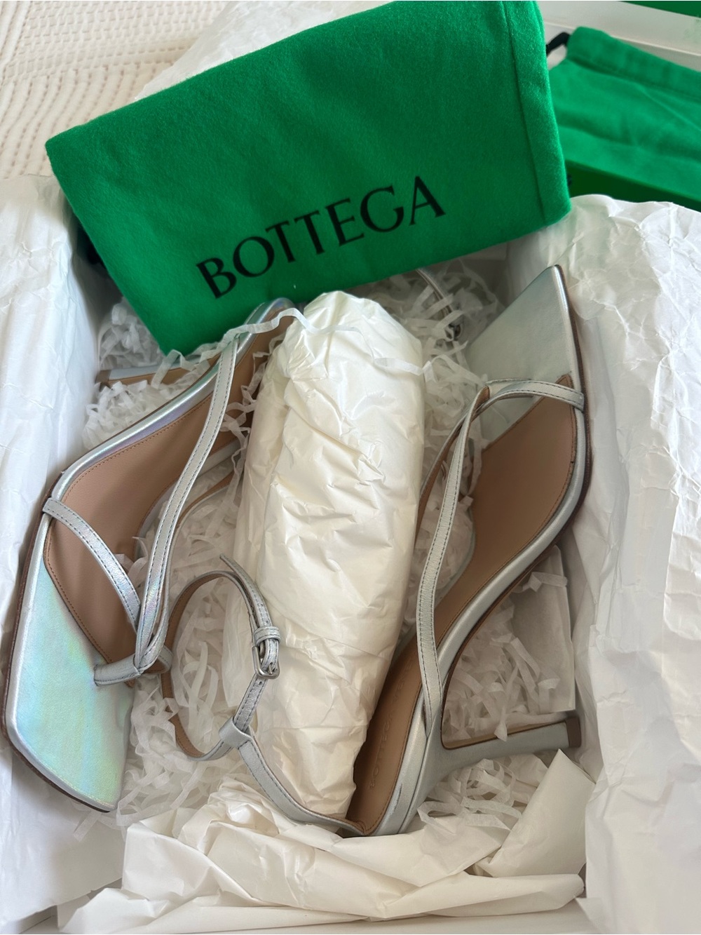 Authentic Bottega Veneta Silver Iridescent Square-Toe Strappy Heels